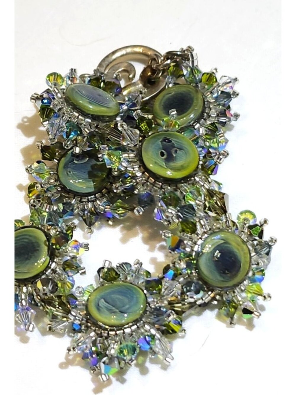 Artisan Lampwork Glass Button Crystal Cha Cha Bracelet Green AB